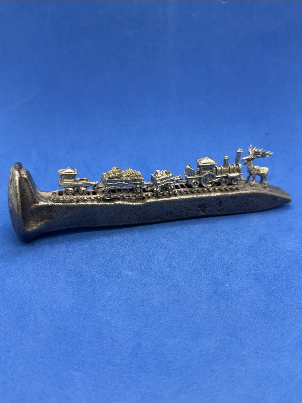 Vtg Alaskan Gold Train Railroad Pewter Spike "Moose Won't Get off the Tracks"